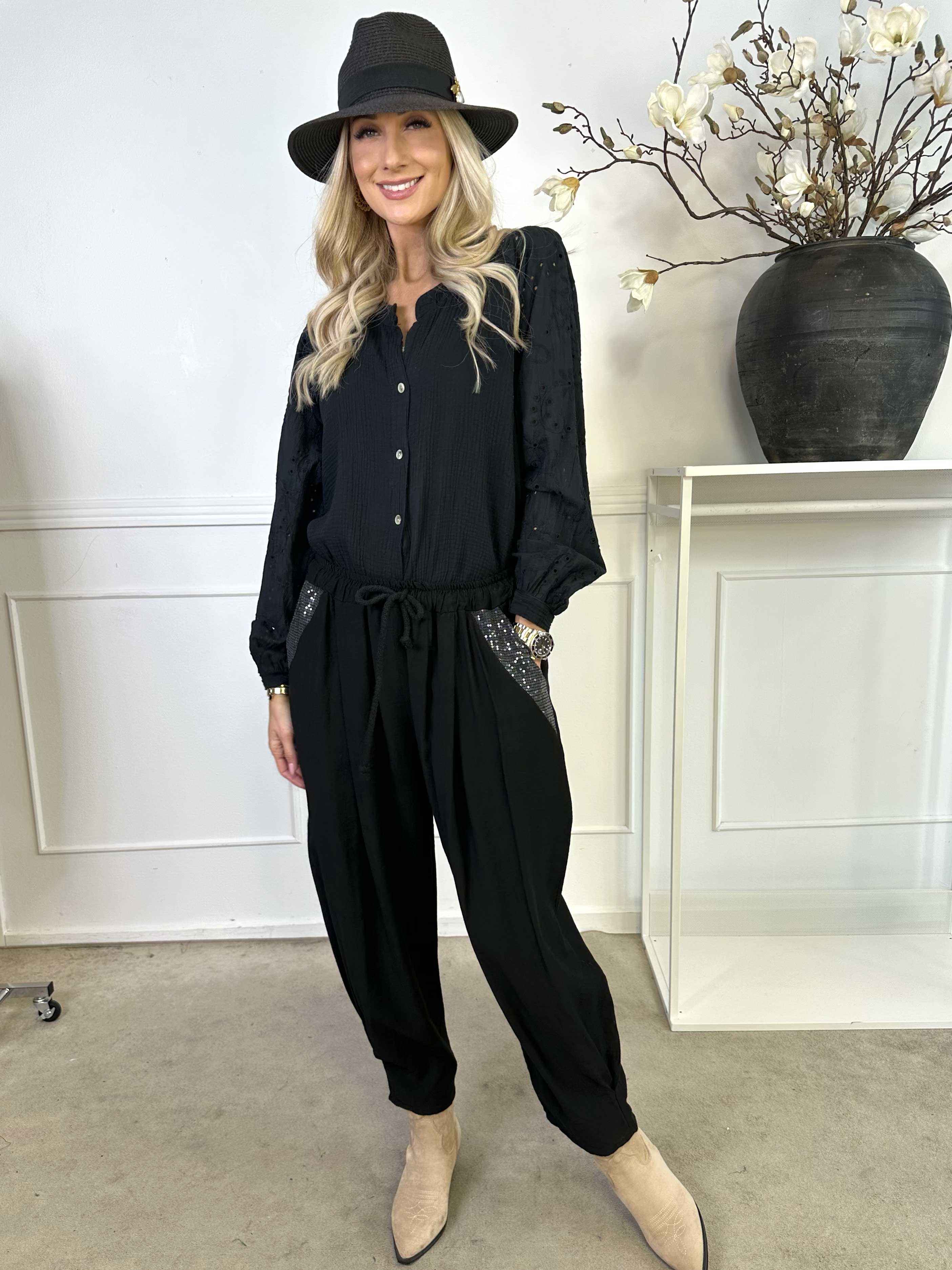 Ines - Løse bukser i viskose med pailletter på lommerne